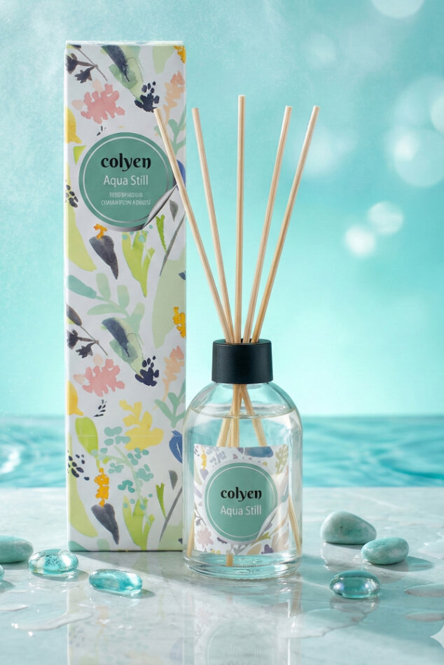 Colyen Aqua Still Çubuklu Oda Kokusu 100ml Ferahlatıcı Cam Şişe ve Pastel Bitki Desenleriyle - 2