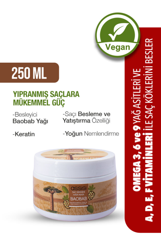 Baobab Yağlı Saç Maskesi, Yıpranmış Saçlar İçin Derin Nemlendirme ve Güçlendirme, 250ml, Vegan - 1